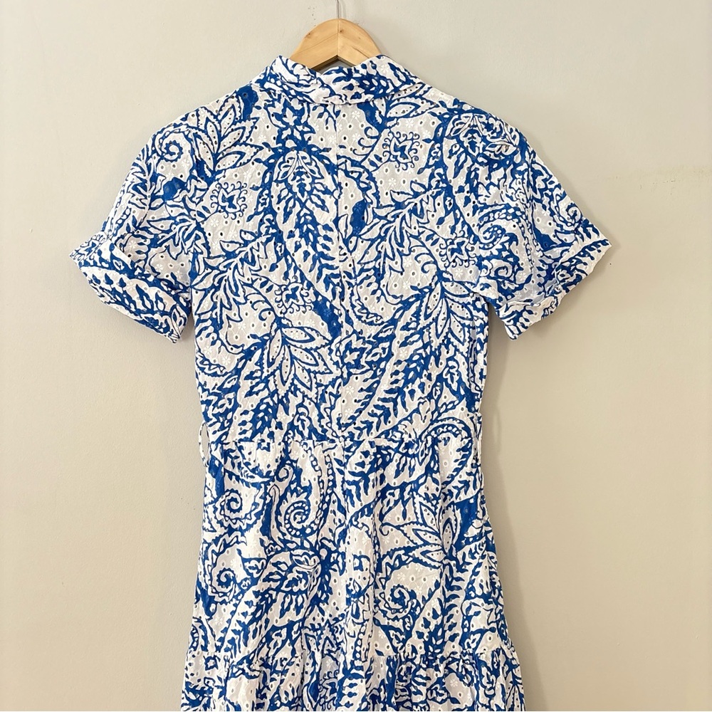 Zara Eyelet Blue White Paisley Summer Midi Dress Size XS Boho Vacation Dress - Picture 11 of 13